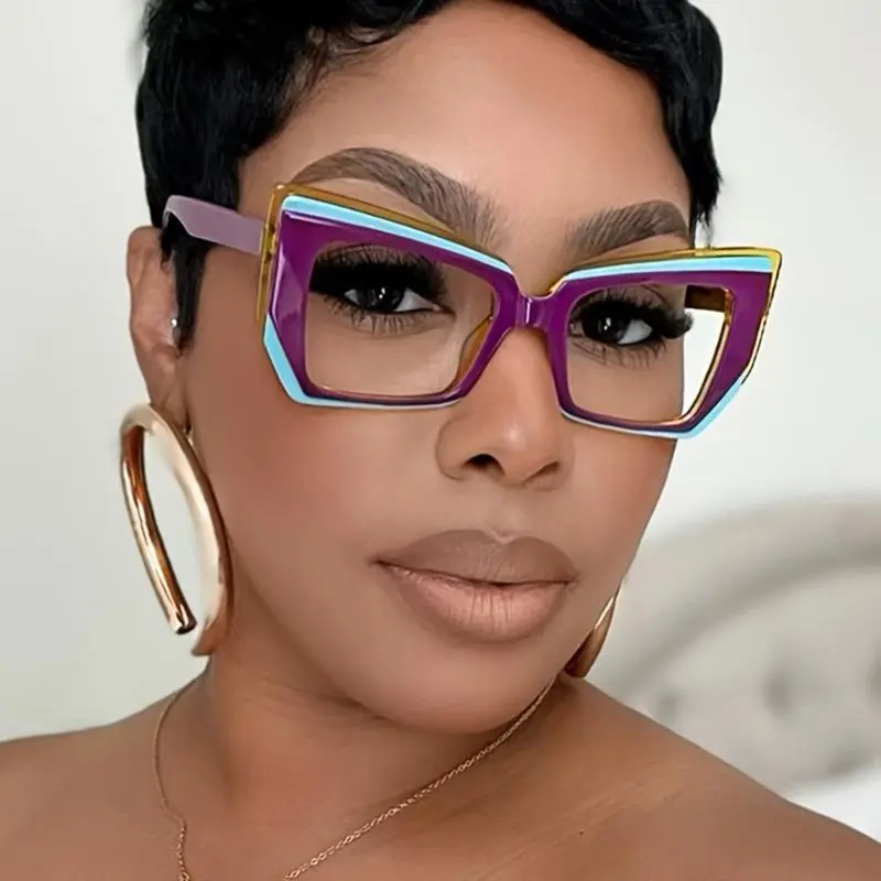 Women's 5-Pack Vintage Cat Eye Sports Eyewear Accessories, Large Polygon Frame Polychromatic Design Elegant Non-Prescription Stylish Frames