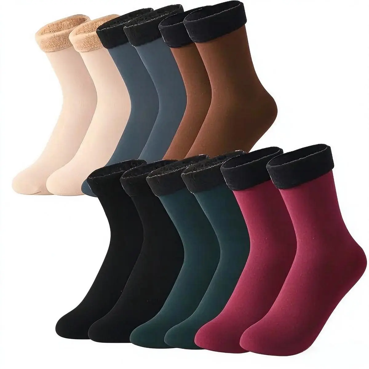 Women's Heavyweight Fuzzy Closed Fast-Heating Underwear Socks, 12 Pieces/6 Pairs Black, Thick Fleece, Cold-Proof, Extra Coverage, Fits Most, Unisex Floor Toe Socks,sohochic