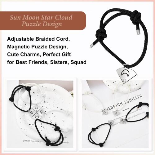 4Pcs Magnetic Star, Moon, Sun & Cloud Magnetic Bracelets Set - Puzzle Design BFF Jewelry for Best Friends & Sister with Rhinestone Detail,Perfect for Bithday Anniversary