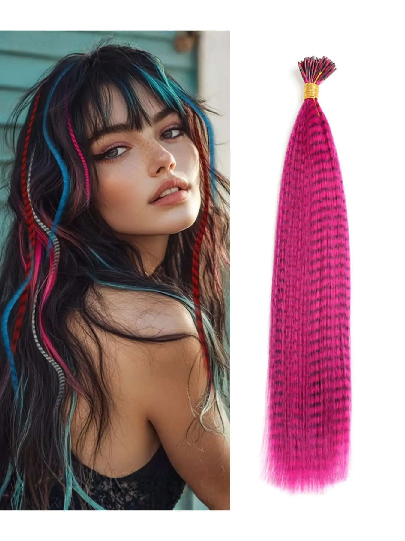 European and American style mixed color feather extensions 16 inches, Salon hair extensions, 30 colored extensions, long straight braids, mixed color long straight synthetic feather extensions, Glossy Hair Bundles Synthetic Fiber Extensions