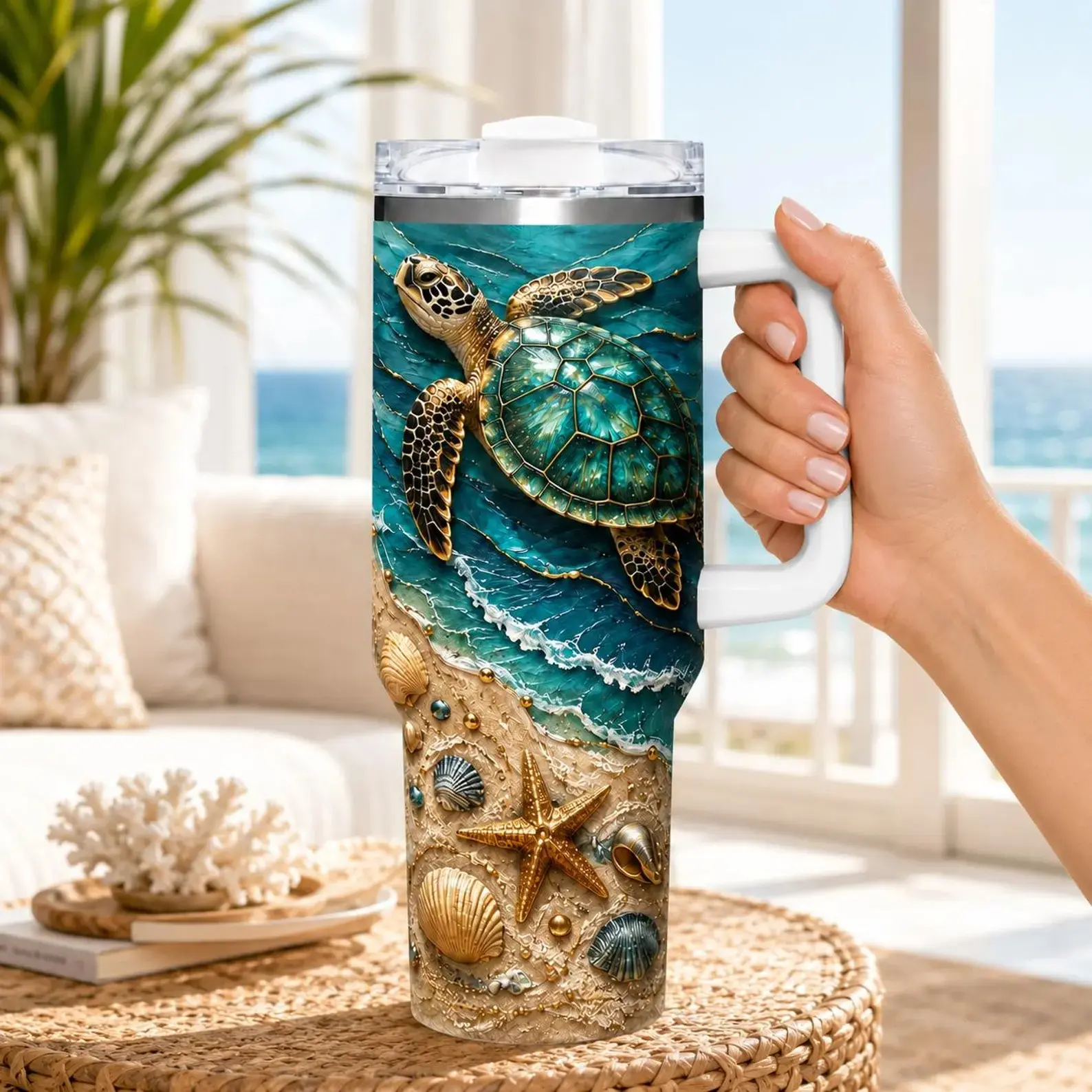 40oz Sea Turtle Printed Tumbler With Handle and Straw, Beach Ocean Travel Cup, Coastal Shell Gift, Insulated Drinkware