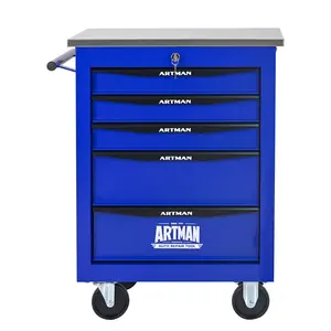 5-Drawer Multifunctional Rolling Tool Cart with Wheels Stainless Steel Roof Garage Workshop Black Blue