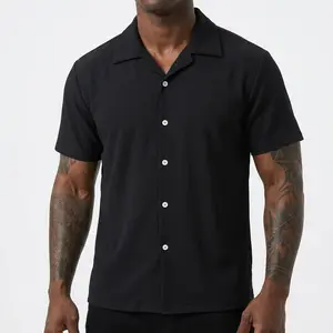 Men's Short-Sleeve Textured Button-Up Shirt - Crinkle Polyester Fabric, Stylish Breathable Plain Menswear, Ideal for Tropical Casual Wear, Shortsleeve