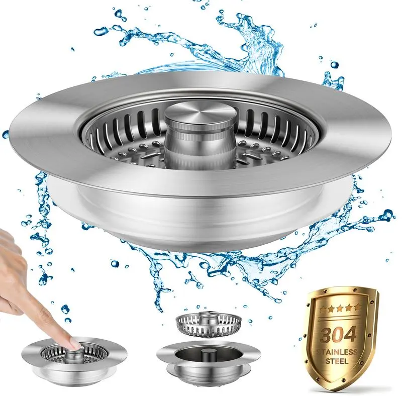 3-in-1 Kitchen Sink Drain Strainer, Stainless Steel Sink Plug, Deodorizing Anti-Clog Basket Strainer for US Standard 3-1/2 Inch Drains Removable