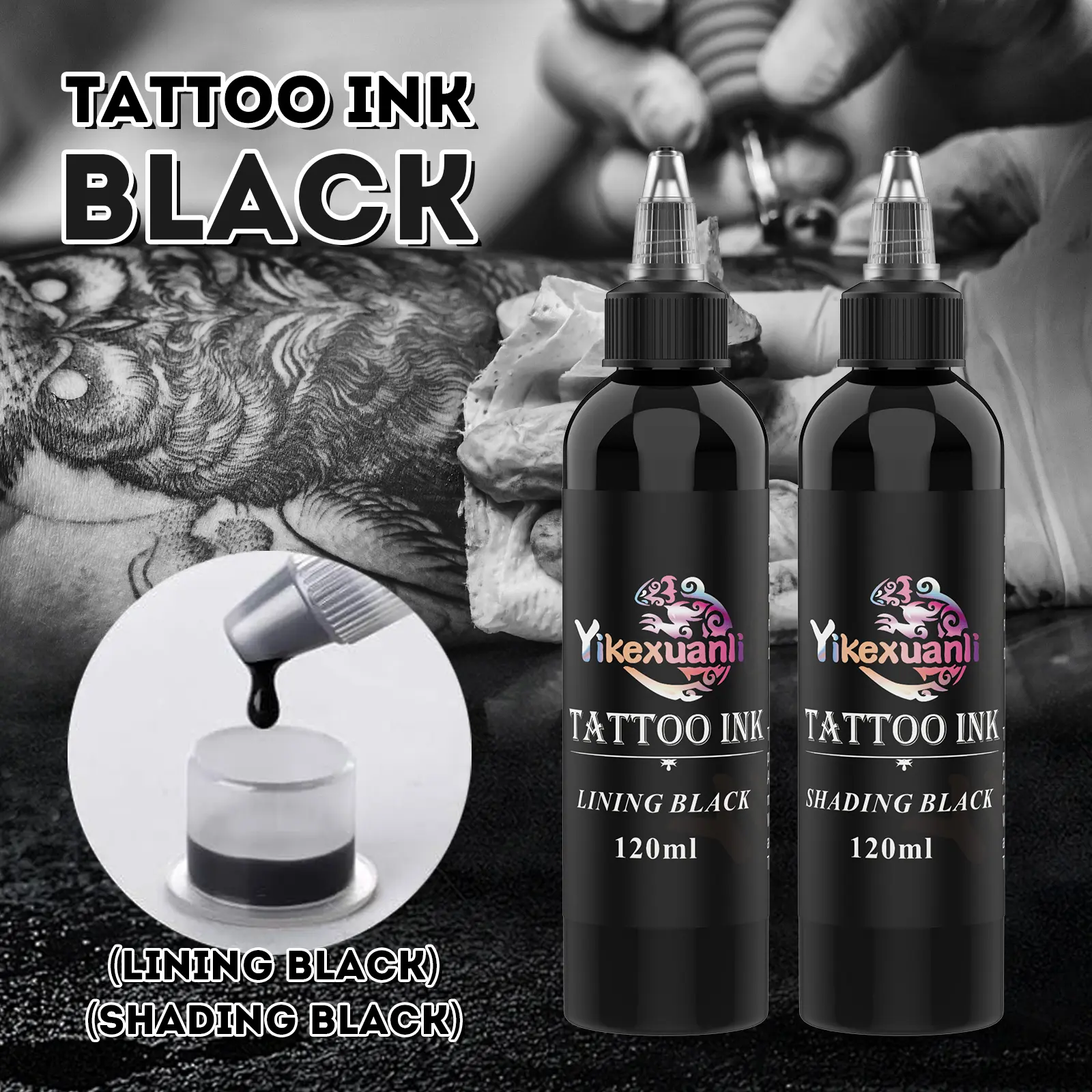 Yikexuanli Professional Tattoo Ink Set, 4oz (120ml) High Pigment True Black, TripleBrite White, and Decorative Glitter for Outlining & Shading, Suitable for All Skin Types, Tattoo Inks Set, Tattoo-Safe Decorative Glitter