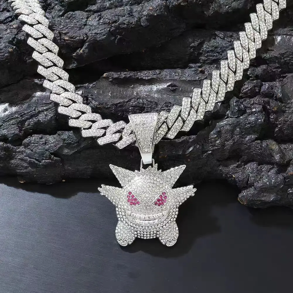 Gengar pendant necklace,iced out cuban chain necklace,hip hop rhinestone necklace,unisex cartoon jewelry,men women clavicle chain gift