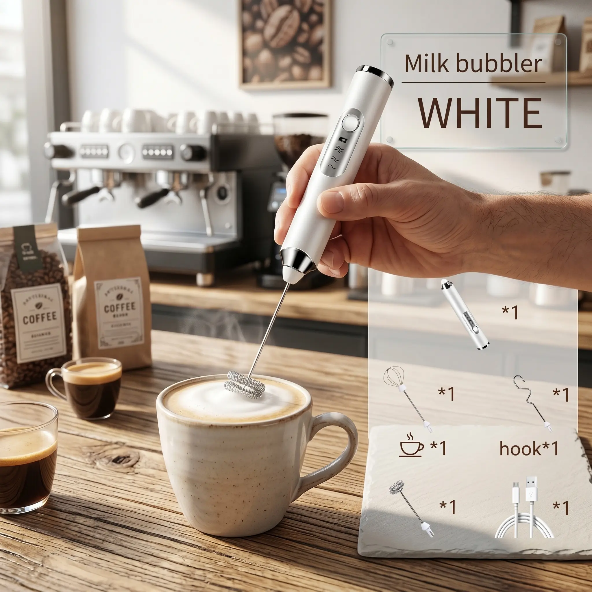 Milk Frother Handheld Rechargeable, Electric Whisk Drink Mixer with 3 ...