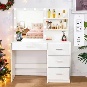 39.5'' W Fluted Vanity Desk, Makeup Vanity with Power Oultlet, 4 Drawers Vanity with 10 LED Lights and Mirror, 3 Lighting Modes Adjustable,White