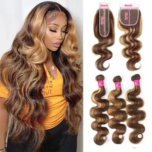 2x6 4x4 Inch Highlight Lace Closure With Bundles Honey Blonde Body Wave Bundles With Closure Ombre Colored Human Hair Bundles With Closure