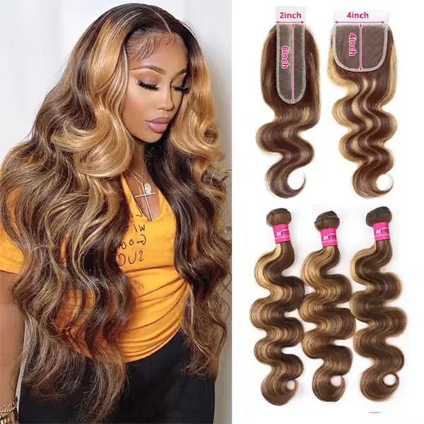 2x6 4x4 Inch Highlight Lace Closure With Bundles Honey Blonde Body Wave Bundles With Closure Ombre Colored Human Hair Bundles With Closure