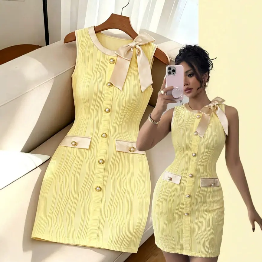 Women Summer Sleeveless Tweed‑Style Mini Dress, Halter Neck Striped Waist‑Tight A‑Line Short Dress, Elegant Lady Cocktail Party Dress