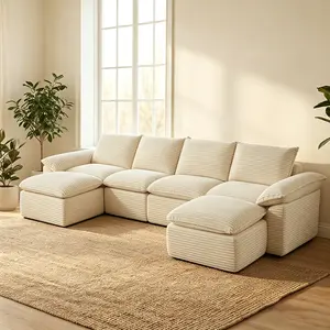 【3 Packages Shipping】141”U-Shaped Modular Sectional Sofa - Comfy Cloud 4-Seater with 2 Movable Ottoman, Cloud Sofa,Deep Seat corduroy  Couch for Living Room, Beige Color ,Comfort & Stylish Design #SummerVibes