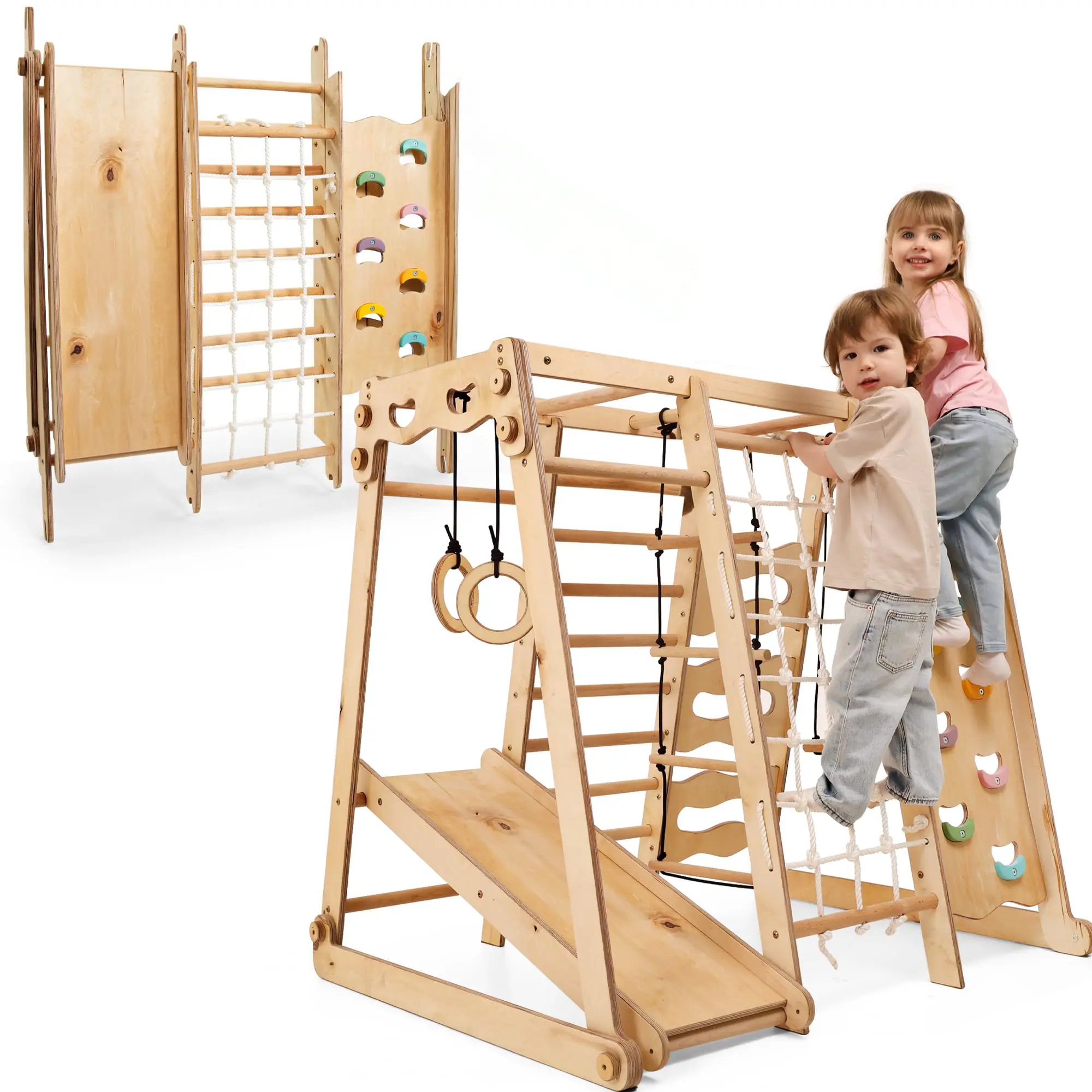 Montessori 9-in-1 Wooden Climbing Frame & Kids Playground Set - Indoor Outdoor Toddler Jungle Gym with Slide, Swing, Monkey Bars & Climbing Wall