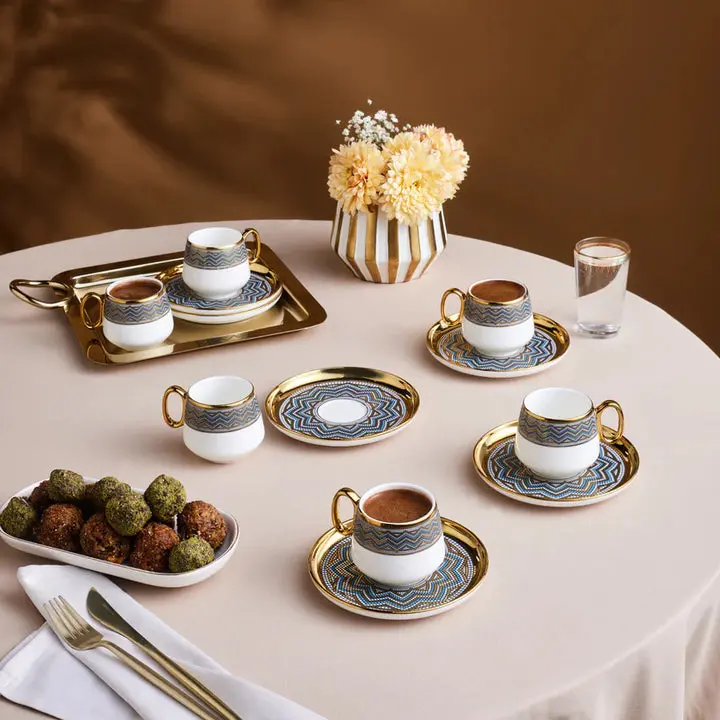 Karaca Suadiye 12-Piece Porcelain Turkish & Espresso Coffee Cup Set for 6, 90ml, Blue