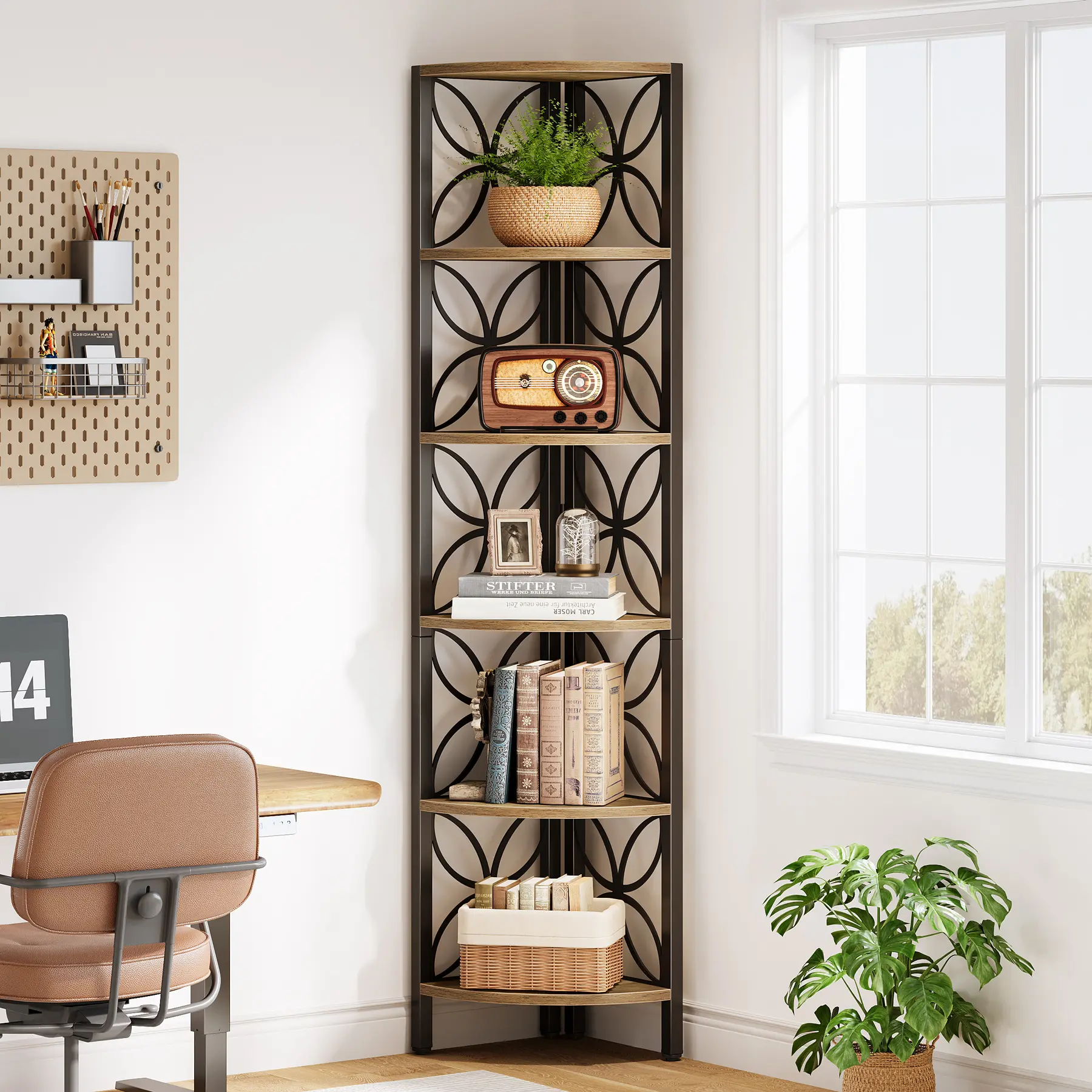 LITTLE TREE 6-Tier Corner Shelf, Industrial 70.9" Rustic Corner Bookshelf Display Shelf for Living Room, Wooden Shelving Unit Plant Stand Storage Rack for Bedroom, Bathroom, Kitchen