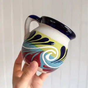 Navy Blue Engobe Ceramic Jarrito Coffee Mugs - Reusable Clay Design, Ideal for Coffee Drinking - Reuse, Drinkware, Washable Traditional Ceramic, Handmade & Decorated, Lead Free, Keeps Hot/Warm, 12oz Capacity - Tumbler Mexican mug ceramic mug