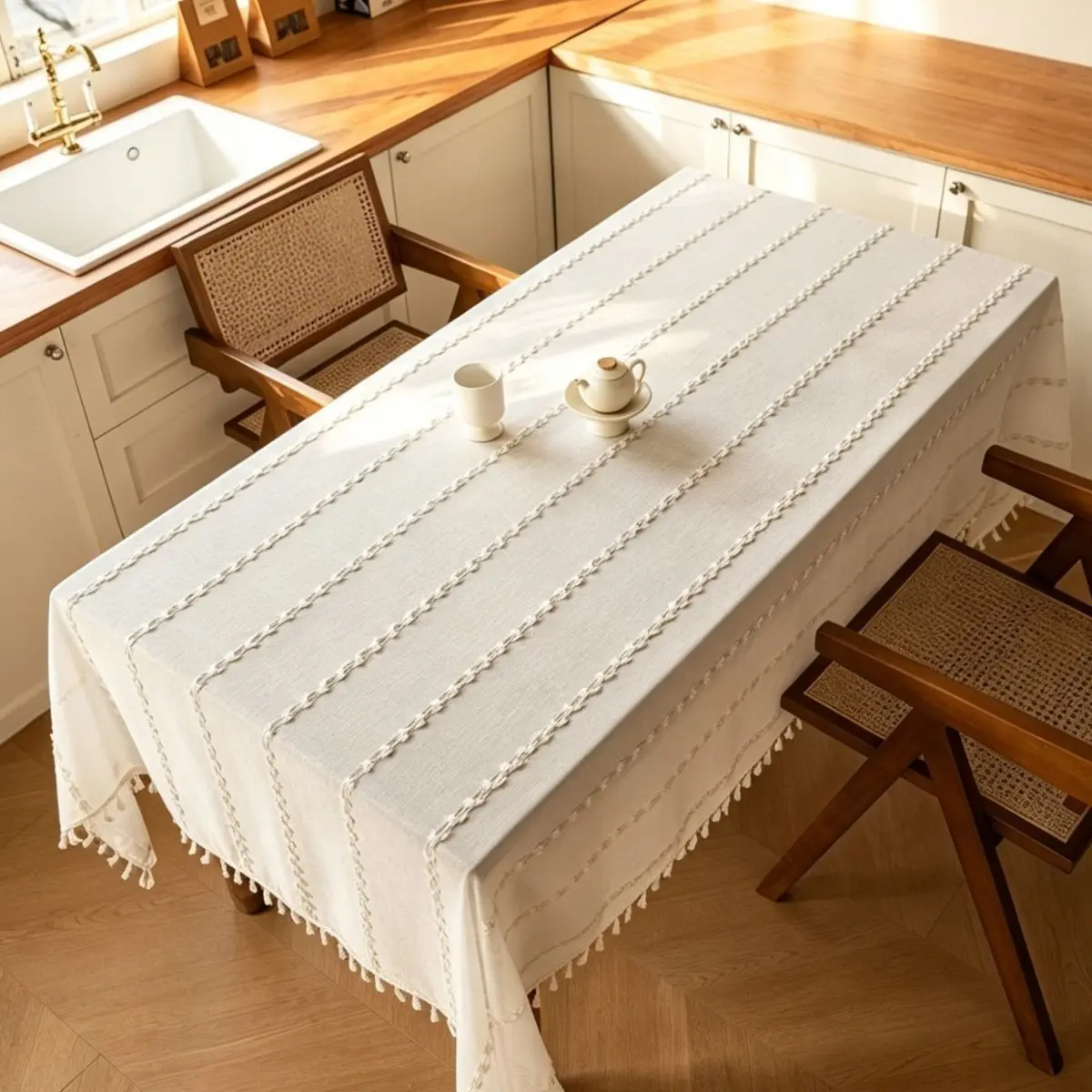 1pc Japanese Style Natural Wood Tone Off- Cotton Linen Tablecloth, Durable Scratch Resistant, Warm Restaurant Dining Table Cover