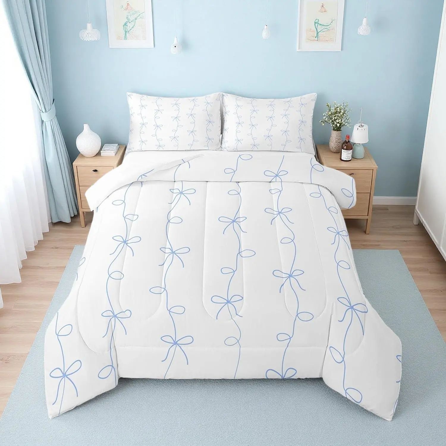 Feelyou Toddler Girl Bedding Set - Blue Ribbon Bow Printed Comforter, Breathable Blanket, Soft Comfy Layer, Machine Washable Girl Room Decor, Breathable Soft Blanket