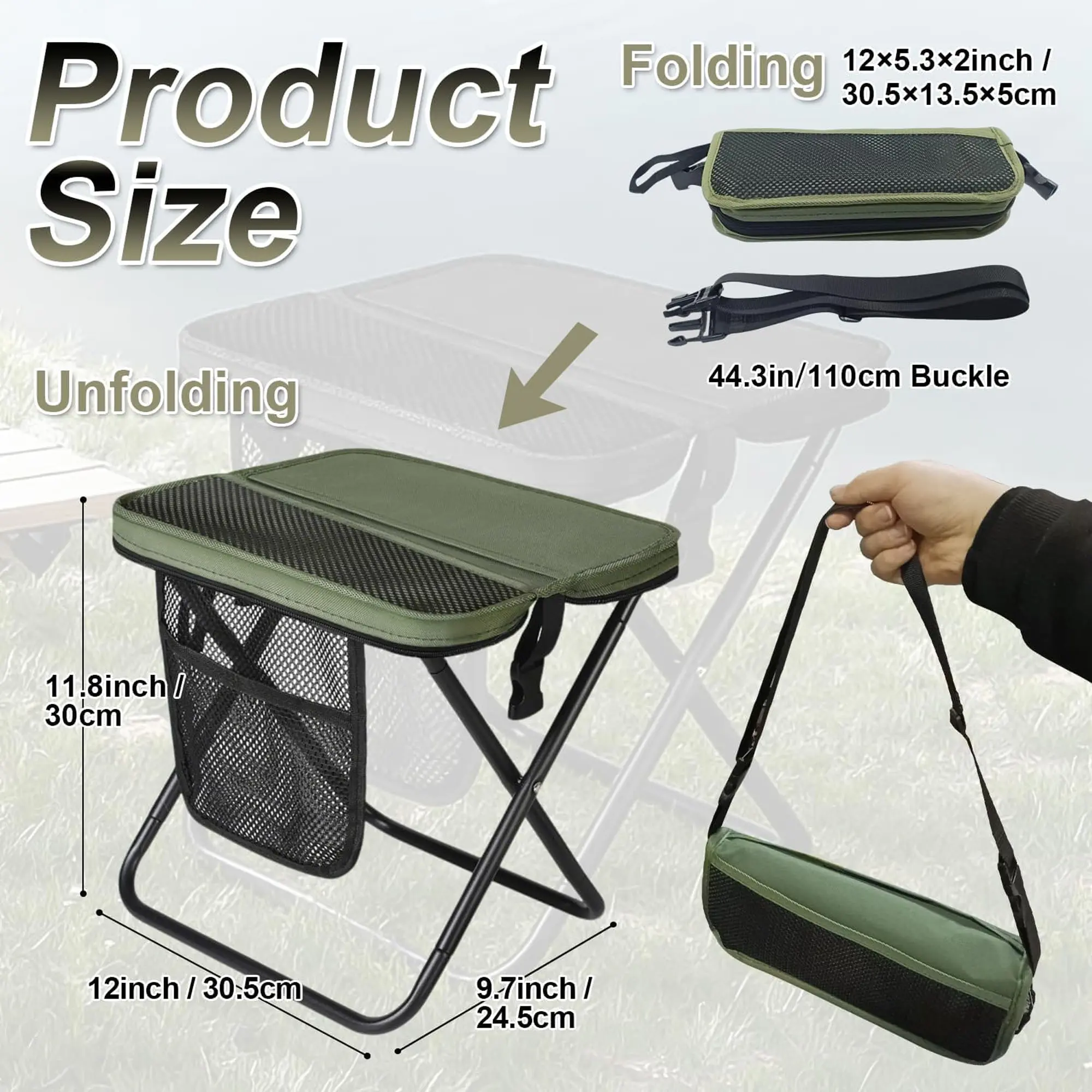 Outdoor folding stool available in multiple colors, suitable for outdoor queuing, family outings, outdoor picnics, outdoor adventures, and outdoor fishing. The stool is compact and lightweight, easily fits in a backpack.