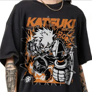 Katsuki Bakugo T-shirt, My Hero Academia Manga Anime Shirt,Charcoal color,size S