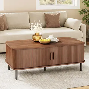 ONBRILL Fluted Coffee Table with Storage, 47.2" Mid Century Modern Coffee Tables for Living Room, Rectangle Wood Center Table with Sliding Tambour Door & Adjustable Leg for Living Room,Bedroom Furniture