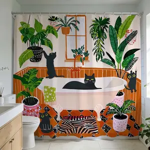 1 Pc Cozy botanical retreat shower curtain with playful cat theme ideal for enhancing bathroom aesthetics vibrant orange and green hues with lush plant designs perfect for home décor and bathroom renovation, Bathroom decoration accessories