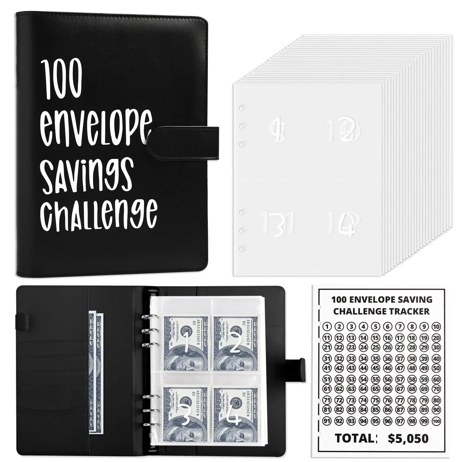 【CLOUDSEA】100 Envelopes Money Saving Challenge - A5 Money Saver Budget Binder Book with Cash Envelopes and Numbers, 100-Days of Easy and Funny Ways to Save $5,050 Cash Envelope Challenge Binder, Black
