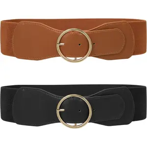 Women Elastic Stretchy Wide Belt for Dress Ladies Stretch Thick Waist Belt with Gold O Ring Buckle