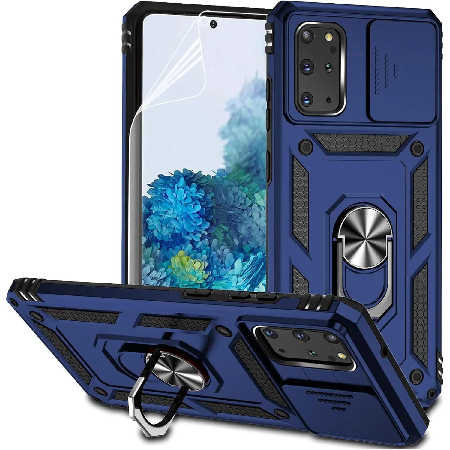 Military-Grade Multi-Layered Heavy Duty Protection TPU & Metal Case for Samsung Galaxy S20+ Plus 5G, with Camera Lens Cover, HD Screen Protector, Magnetic Ring Holder Kickstand (Navy Blue) - Phone & Devices Accessories, Casing, Shockproof