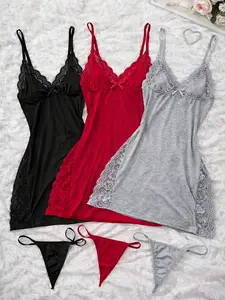 3pcs Of Women's Solid Lace Nightdress, Lace Panels, Skirt Side Slits