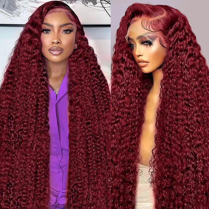 Women's 13x6 Pre-Plucked Frontal Lace Wig - 99J Burgundy Human Hair Deep Wave, 250 Density, Natural Edge, Heat Resistant Hair Color Wigs