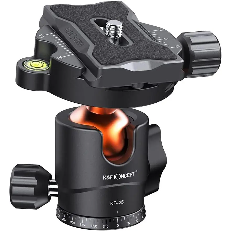 K&F Concept 25mm Aluminium Tripod Ball Head - 360-Degree Rotating Panoramic, Detachable 1/4-Inch Quick Release Plate, Bubble Level for Tripod, Monopod (Up to 18 lbs/8 kg) Camera Camcorder Accessories