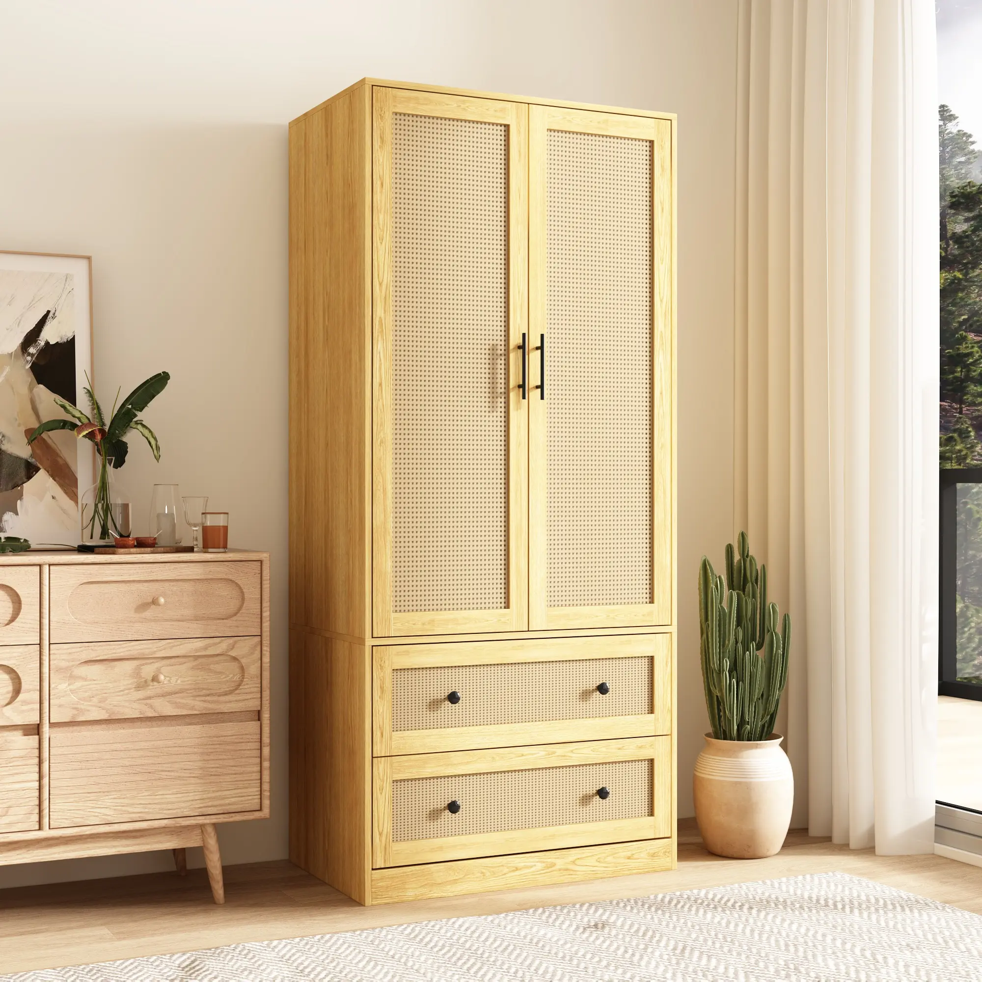 FUFU&GAGA Wardrobe Closet Armoire with Rattan Doors, 2 Drawers, Storage Shelf & Hanging Rod, Wooden Clothes Storage Cabinet for Bedroom, Light Brown
