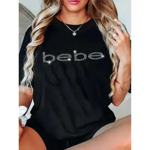 Bebe Print Women's Black Graphic Tee Short Sleeve Casual Summer Fashion Top with Rhinestone Sparkle, Crewneck Design, Trendy Chic Novelty Womenswear Streetwear Tshirt Shortsleeve Fitted