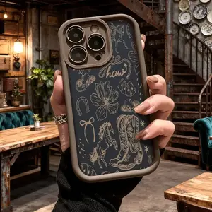 Western cowboy style pattern phone case, compatible with iPhone 17 Pro Max, 16 Pro Max, 15 Pro, 14, 13, 12, and 11.  Shockproof and drop-resistant phone case made of durable silicone material.