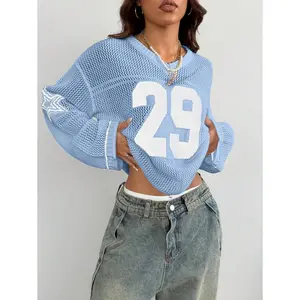 Women's & Men's Couple Same Style Knit Striped & Number Printed Oversized Jersey Cover Up Sweater,New Year Eve /Valentine's Day,Tops For School
