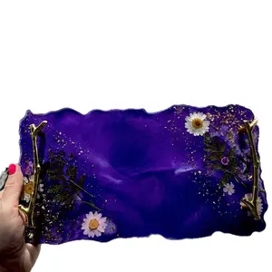 KraftyBB Handcrafted Tray with Purple Design and Floral Accents - Handmade Decorative Serving Platter