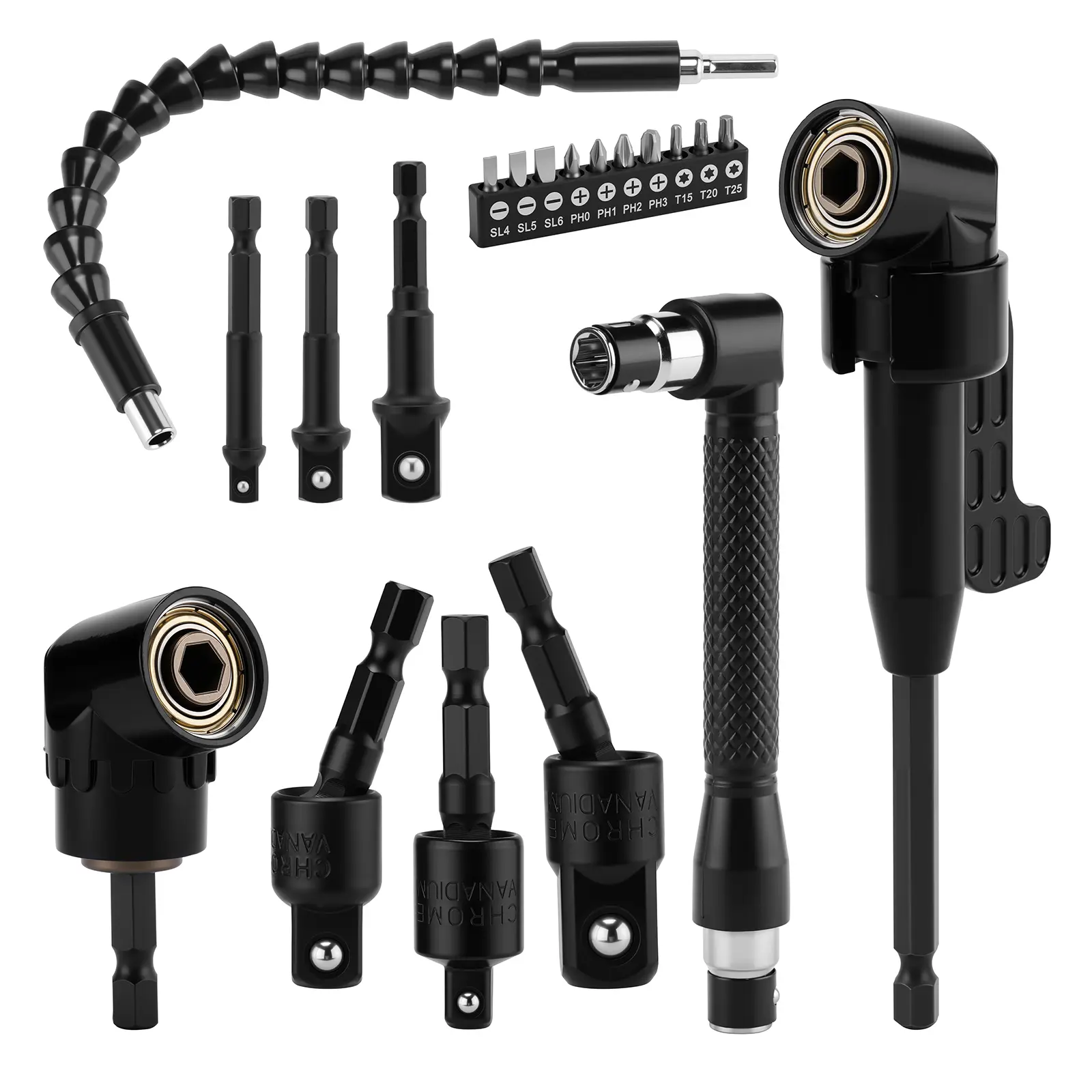 20Pcs Flexible Drill Bit Extension Kit, 3PCS 360°Rotatable Socket Adapter,3PCS Socket Adapter, 2PCS 105°Right Angle Drill Attachment, Bendable Shaft, L-shaped Wrench & Screwdriver Bits Set for Narrow Space Repair,DEALS FOR YOU DAY