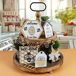 Bee Themed Tiered Tray Decor, 12pcs/set Wooden Honeycomb & Letter Pattern Decorative Ornament, Home Decor for Kitchen Living Room