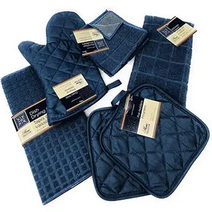 Kitchen Towel Set with 2 Quilted Pot Holders, Oven Mitt, Dish Towel, Dish Drying Mat, 2 Microfiber Scrubbing Dishcloths (Navy Blue)