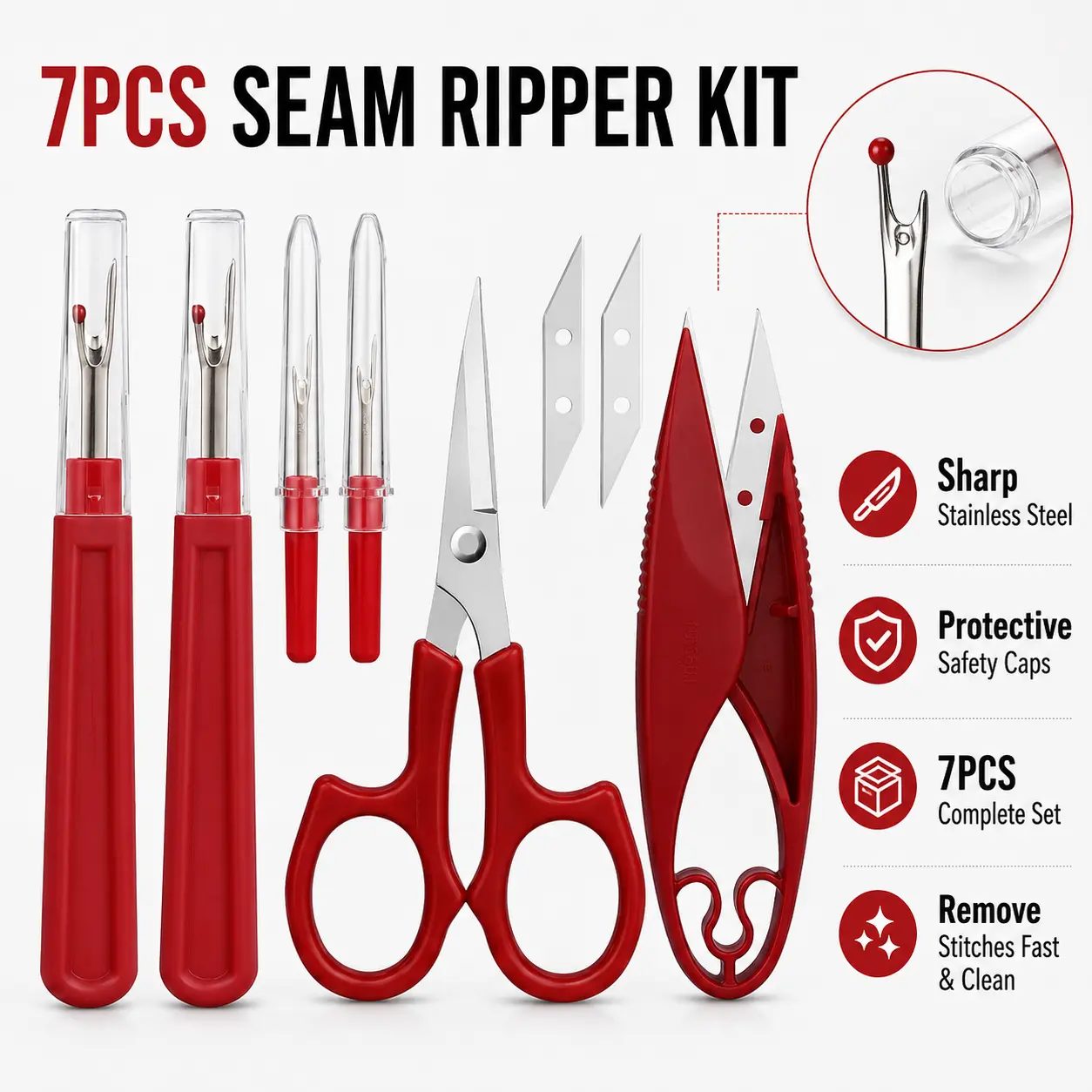 7-Piece Sewing Ripper Set - Sewing Tools with Thread Cutter, Scissors, Protective Covers - Sewing Accessories and Supplies for Daily Repairs, Quilting, DIY Enthusiasts