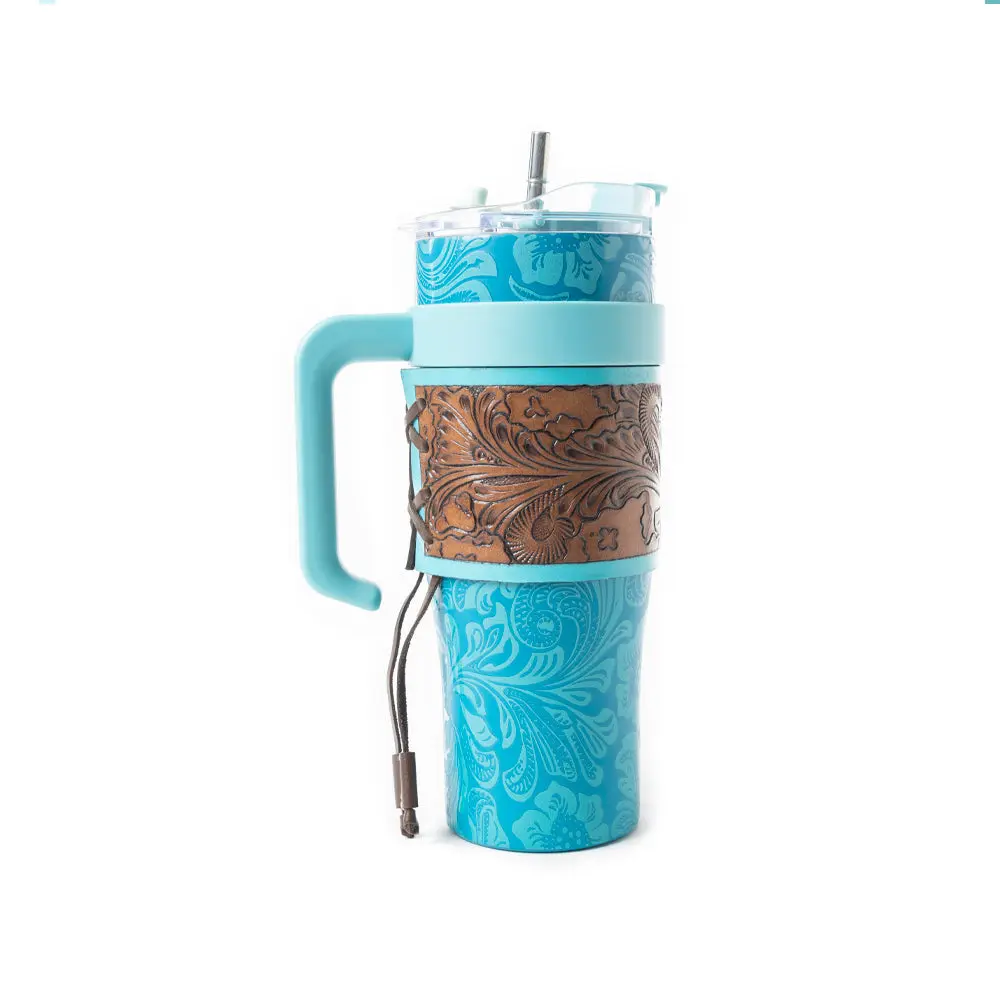 Stylish Wide Wyoming Leather Vacuum Flask Tumbler - Blue Stainless Steel Drinkware with Lid for Beverages & Coffee