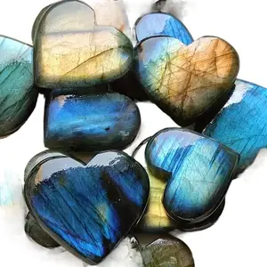 1 Piece Natural Shiny Labrador Stone Heart-Unique Diamond Cut Work, High Smooth Light Smooth Polished, Convenient Flat Back