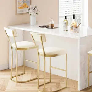 Bar Stools Set of 2, High Back Counter Height Bar Stools with White Velvet Upholstery & Gold Metal Legs, Soft Padded Kitchen Island Stools, Bar Chairs for Home Bar (White & Gold)