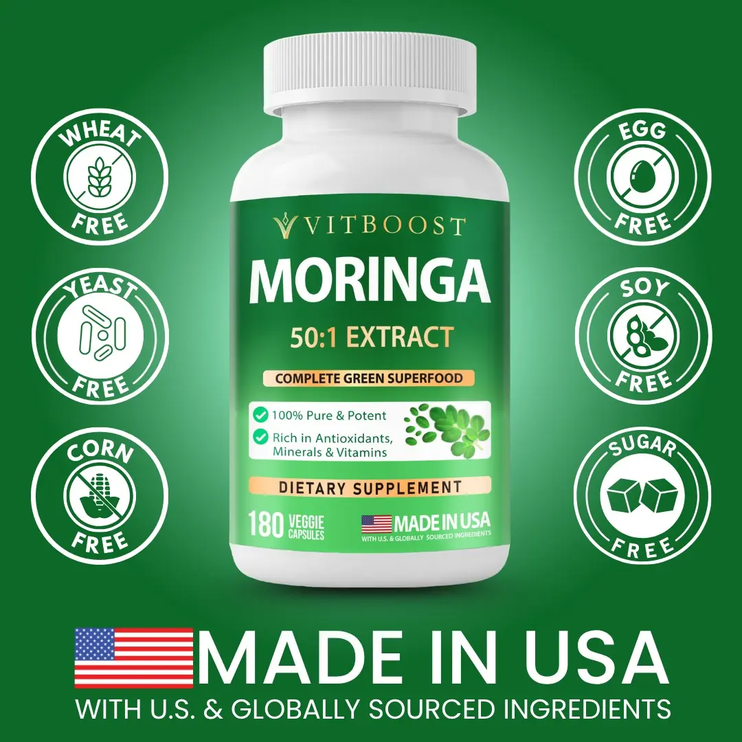 VITBOOST Moringa 50:1 Extract Capsules 400 mg, Moringa Oleifera Leaf Supplement, Antioxidant Superfood, Energy & Immune Support, Non-GMO, Lab Tested, Made in USA, 180 Capsules