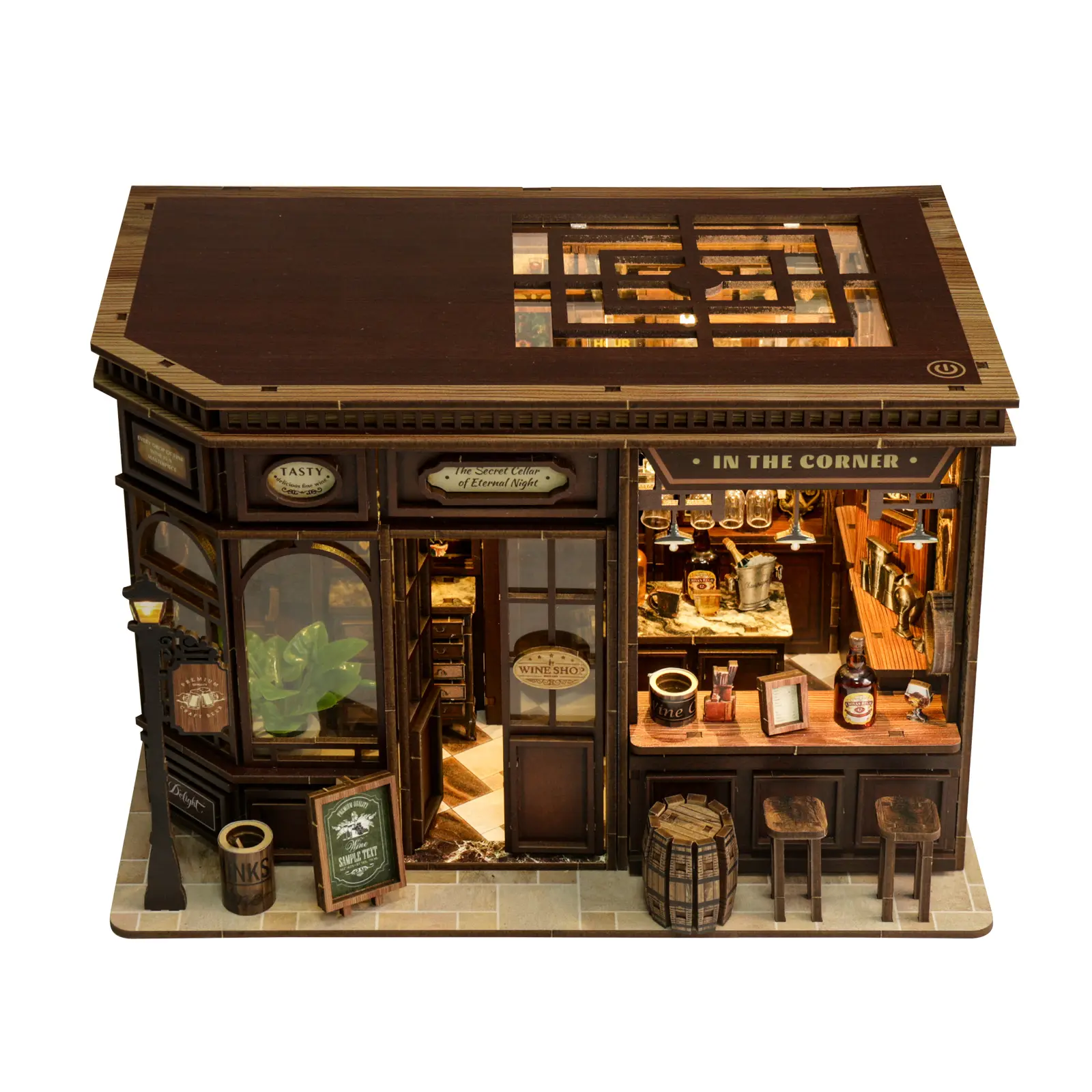 Vintage Style Corner Tavern 3D Puzzle Wooden Book Nook DIY Kit for Adults - Laser-Cut, Warm LED Lights, 3-5 Hours Assembly, Miniature Dollhouse, Home Shelf Decor, Bookworms' Birthday Gift