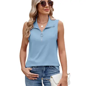 VVZ 2026 Women's Spring Summer New Solid Color Zip-Up Collar Sleeveless Casual Tank Top T-Shirt