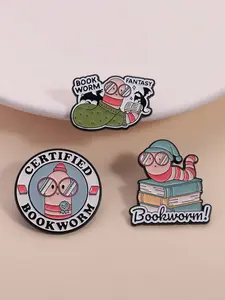 3-Piece Bookworm Reading Theme Enamel Pin Set, Certified Bookworm & Fantasy Lazy Style, Eyeglass Hat Sweater Bug Cartoon Pins, Bookworm Charm