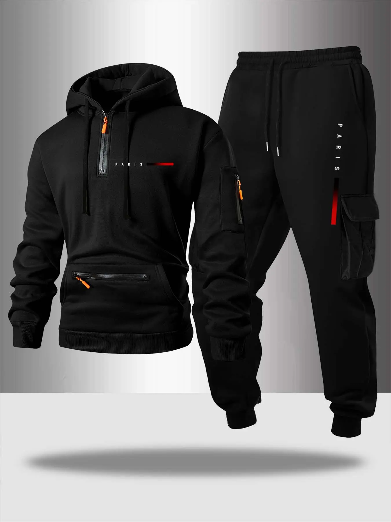 Men's Casual Fitted Hoodie Outfit Set, Letter Print Design, Drawstring Pocket Sweatshirt & Long Pants, Fall Winter, 2 Piece Pack, Long Sleeve
