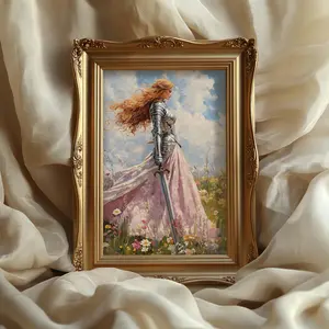 Lady Knight Wall Art, Medieval Fantasy Poster of Woman Warrior in Flowery Field, Renaissance-Inspired Dark Academia Decor, 5 Size, 8x12 to 27x40 inch, Room Decor, Unframed